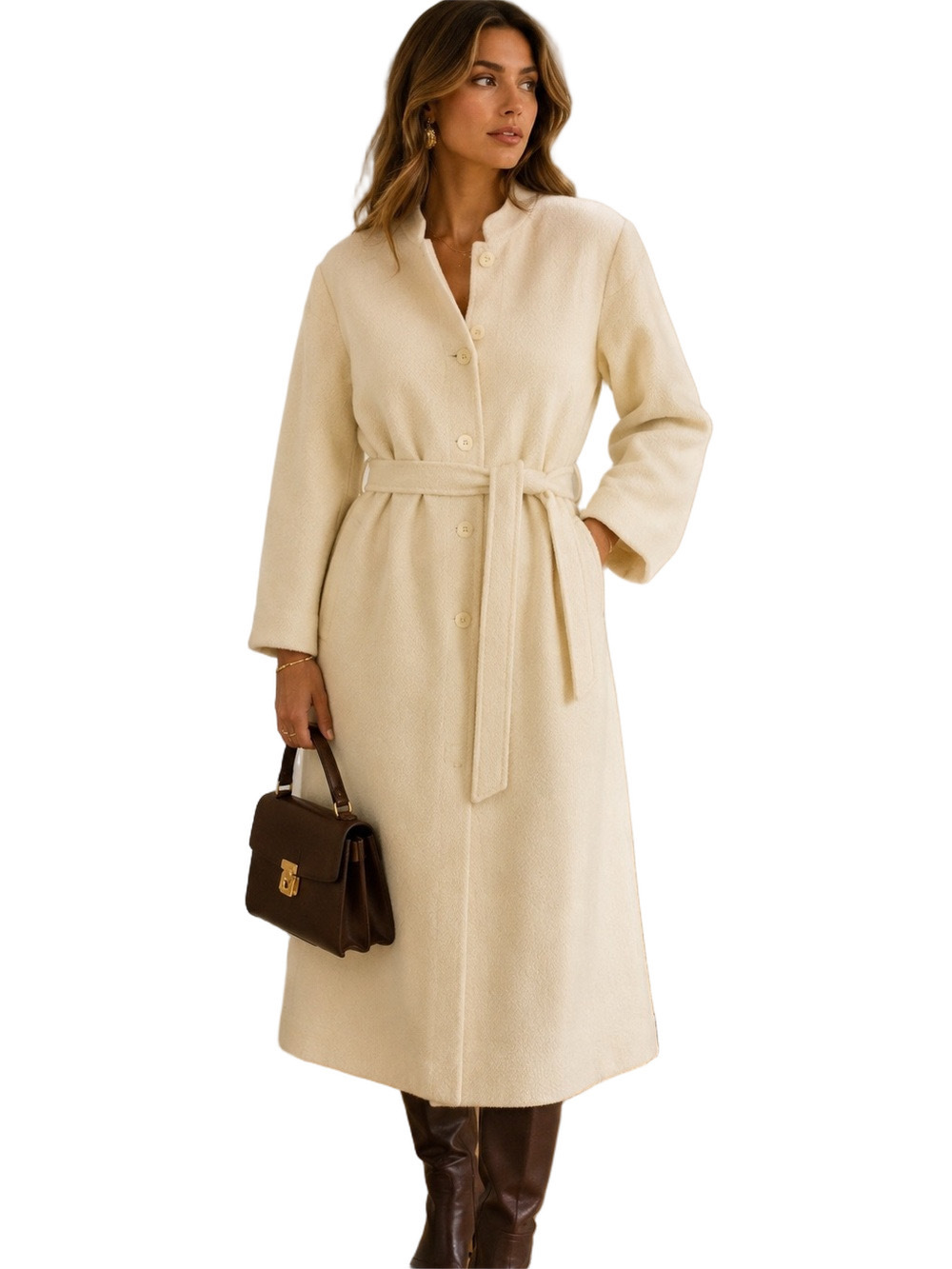 Vintage 1970s Cream Tweed Long Belted Coat Medium